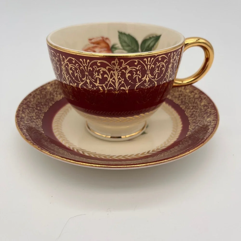 Homer Laughlin Lady Stratford Tea Cup and Saucer Set Maroon Gold Rose 2 Piece